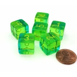 Dice>Gemini 15mm D6 Dice, 6 Pieces - Translucent Green-Teal with Yellow Numbers - Your Source for Gaming Essentials