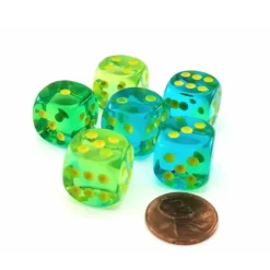 Dice>Gemini 16mm D6 Dice, 6 Pieces - Translucent Green-Teal with Yellow Numbers - Your Source for Gaming Essentials