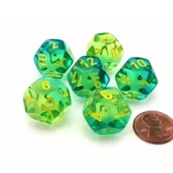 Dice>Gemini 18mm D12 Dice, 6 Pieces - Translucent Green-Teal with Yellow Numbers - Your Source for Gaming Essentials