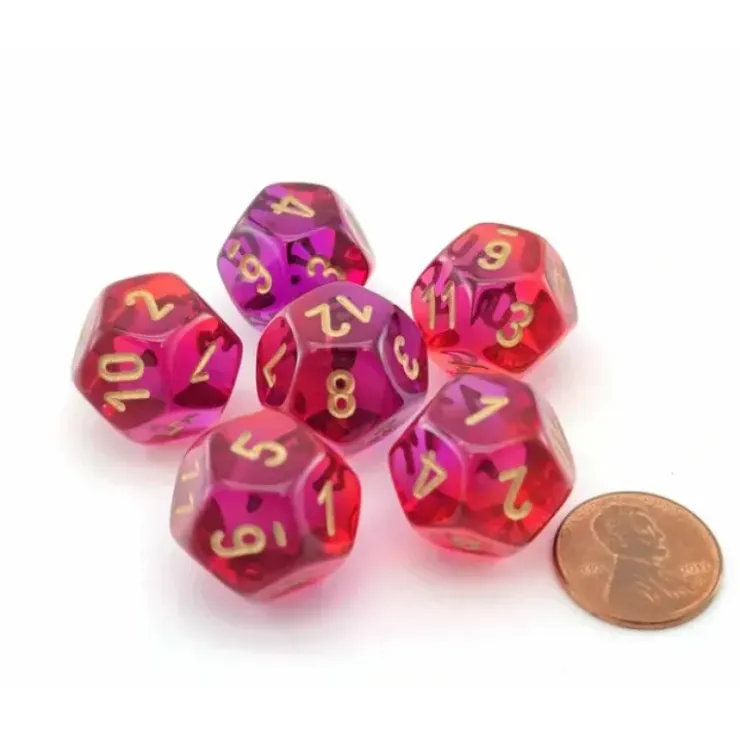 Dice>Gemini 18mm D12 Dice, 6 Pieces - Translucent Red-Violet with Gold Numbers - Your Source for Gaming Essentials