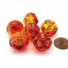 Dice>Gemini 18mm D12 Dice, 6 Pieces - Translucent Red-Yellow with Gold Numbers - Your Source for Gaming Essentials