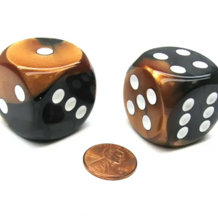 Dice>Gemini 30mm Large D6 Chessex Dice, 2 Pieces - Black-Copper with White Pips - Your Source for Gaming Essentials