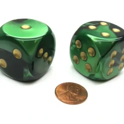 Dice>Gemini 30mm Large D6 Chessex Dice, 2 Pieces - Black-Green with Gold Pips - Your Source for Gaming Essentials