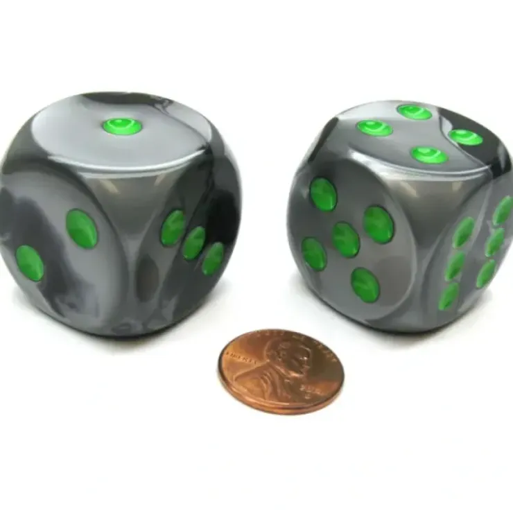 Dice>Gemini 30mm Large D6 Chessex Dice, 2 Pieces - Black-Grey with Green Pips - Your Source for Gaming Essentials