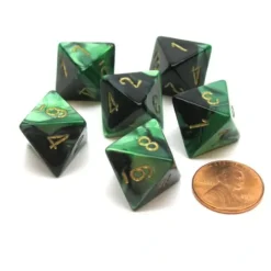 Dice>Gemini 15mm 8 Sided D8 Chessex Dice, 6 Pieces - Black-Green with Gold - Your Source for Gaming Essentials