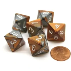 Dice>Gemini 15mm 8 Sided D8 Chessex Dice, 6 Pieces - Copper-Steel with White - Your Source for Gaming Essentials