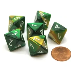 Dice>Gemini 15mm 8 Sided D8 Chessex Dice, 6 Pieces - Gold-Green with White - Your Source for Gaming Essentials