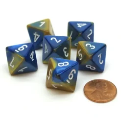Dice>Gemini 15mm 8 Sided D8 Chessex Dice, 6 Pieces - Blue-Gold with White - Your Source for Gaming Essentials