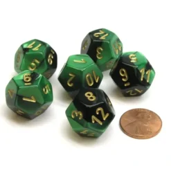 Dice>Gemini 18mm 12 Sided D12 Chessex Dice, 6 Pieces - Black-Green with Gold - Your Source for Gaming Essentials