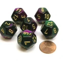Dice>Gemini 18mm 12 Sided D12 Chessex Dice, 6 Pieces - Green-Purple with Gold - Your Source for Gaming Essentials