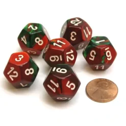 Dice>Gemini 18mm 12 Sided D12 Chessex Dice, 6 Pieces - Green-Red with White - Your Source for Gaming Essentials