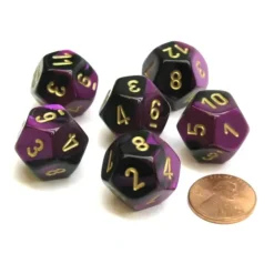 Dice>Gemini 18mm 12 Sided D12 Chessex Dice, 6 Pieces - Black-Purple with Gold - Your Source for Gaming Essentials