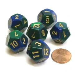 Dice>Gemini 18mm 12 Sided D12 Chessex Dice, 6 Pieces - Blue-Green with Gold - Your Source for Gaming Essentials