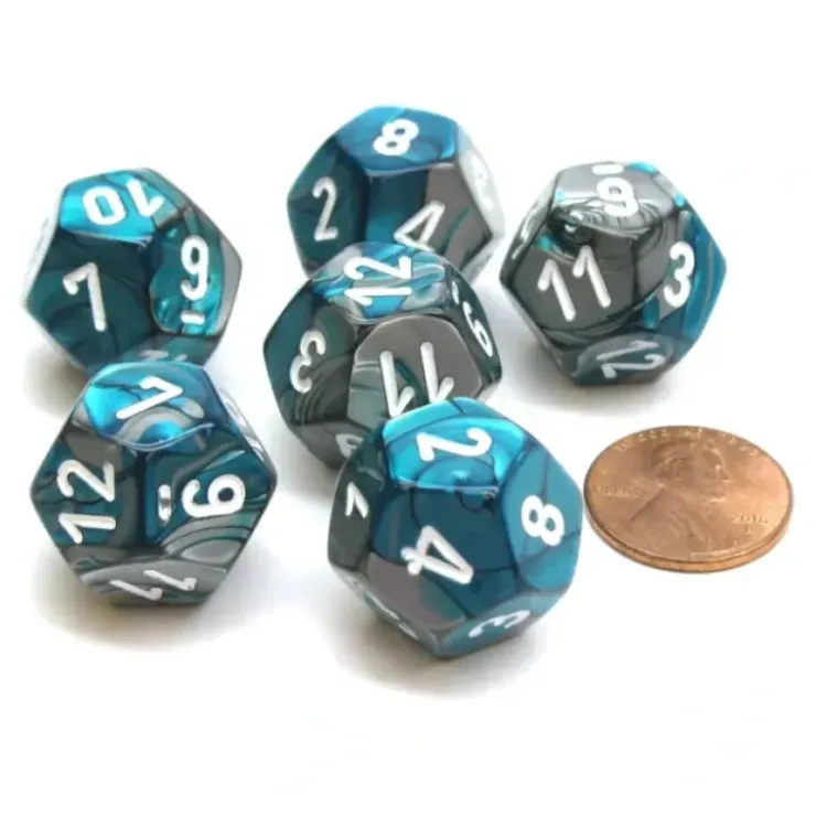Dice>Gemini 18mm 12 Sided D12 Chessex Dice, 6 Pieces - Steel-Teal with White - Your Source for Gaming Essentials