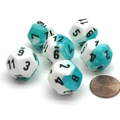 Dice>Gemini 18mm 12 Sided D12 Chessex Dice, 6 Pieces - Teal-White with Black - Your Source for Gaming Essentials