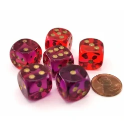 Dice>Gemini 16mm 6 Sided D6 Dice, 6 Pieces - Translucent Red-Violet with Gold Numbers - Your Source for Gaming Essentials