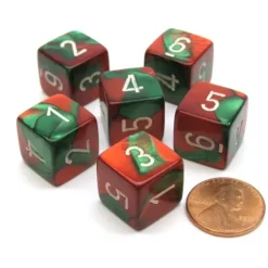 Dice>Gemini 15mm 6-Sided D6 Numbered Chessex Dice, 6 Pieces - Green-Red with White - Your Source for Gaming Essentials