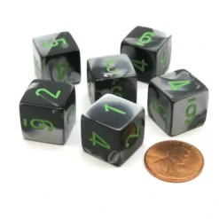 Dice>Gemini 15mm 6-Sided D6 Numbered Chessex Dice, 6 Pieces - Black-Grey with Green - Your Source for Gaming Essentials