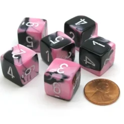 Dice>Gemini 15mm 6-Sided D6 Numbered Chessex Dice, 6 Pieces - Black-Pink with White - Your Source for Gaming Essentials