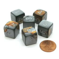 Dice>Gemini 15mm 6-Sided D6 Numbered Chessex Dice, 6 Pieces - Copper-Steel with White - Your Source for Gaming Essentials