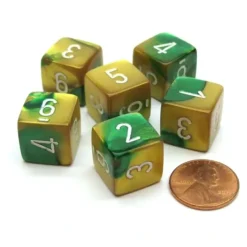 Dice>Gemini 15mm 6-Sided D6 Numbered Chessex Dice, 6 Pieces - Gold-Green with White - Your Source for Gaming Essentials