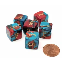 Dice>Gemini 15mm 6-Sided D6 Numbered Dice, 6 Pieces - Red-Teal with Gold Numbers - Your Source for Gaming Essentials