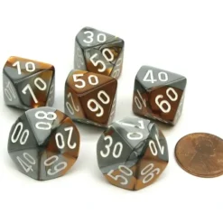Dice>Gemini 16mm Tens D10 (00-90) Chessex Dice, 6 Pieces - Copper-Steel with White - Your Source for Gaming Essentials