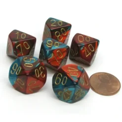 Dice>Gemini 16mm Tens D10 (00-90) Chessex Dice, 6 Pieces - Red-Teal with Gold Numbers - Your Source for Gaming Essentials