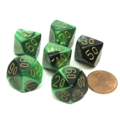 Dice>Gemini 16mm Tens D10 (00-90) Dice, 6 Pieces - Black-Green with Gold Numbers - Your Source for Gaming Essentials
