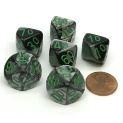 Dice>Gemini 16mm Tens D10 (00-90) Dice, 6 Pieces - Black-Grey with Green Numbers - Your Source for Gaming Essentials