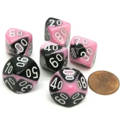 Dice>Gemini 16mm Tens D10 (00-90) Dice, 6 Pieces - Black-Pink with White Numbers - Your Source for Gaming Essentials