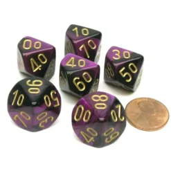 Dice>Gemini 16mm Tens D10 (00-90) Dice, 6 Pieces - Black-Purple with Gold Numbers - Your Source for Gaming Essentials