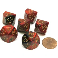 Dice>Gemini 16mm Tens D10 (00-90) Dice, 6 Pieces - Black-Red with Gold Numbers - Your Source for Gaming Essentials