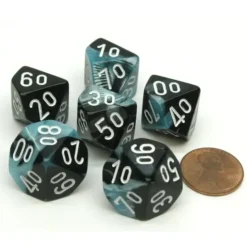 Dice>Gemini 16mm Tens D10 (00-90) Dice, 6 Pieces - Black-Shell with White Numbers - Your Source for Gaming Essentials