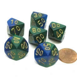 Dice>Gemini 16mm Tens D10 (00-90) Dice, 6 Pieces - Blue-Green with Gold Numbers - Your Source for Gaming Essentials