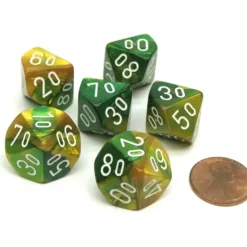 Dice>Gemini 16mm Tens D10 (00-90) Dice, 6 Pieces - Gold-Green with White Numbers - Your Source for Gaming Essentials