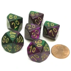 Dice>Gemini 16mm Tens D10 (00-90) Dice, 6 Pieces - Green-Purple with Gold Numbers - Your Source for Gaming Essentials