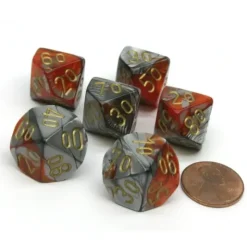 Dice>Gemini 16mm Tens D10 (00-90) Dice, 6 Pieces - Orange-Steel with Gold Numbers - Your Source for Gaming Essentials