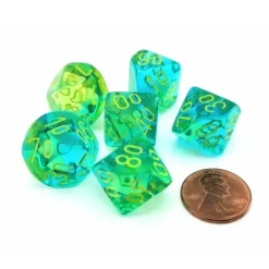 Dice>Gemini 16mm Tens D10 Dice, 6 Pieces - Translucent Green-Teal with Yellow - Your Source for Gaming Essentials