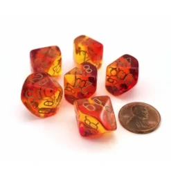 Dice>Gemini 16mm Tens D10 Dice, 6 Pieces - Translucent Red-Yellow with Gold - Your Source for Gaming Essentials