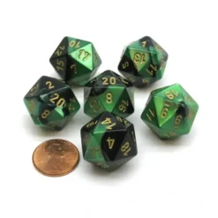 Dice>Gemini 20 Sided D20 Chessex Dice, 6 Pieces - Black-Green with Gold Numbers - Your Source for Gaming Essentials