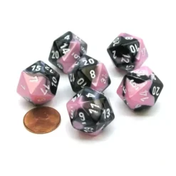 Dice>Gemini 20 Sided D20 Chessex Dice, 6 Pieces - Black-Pink with White Numbers - Your Source for Gaming Essentials