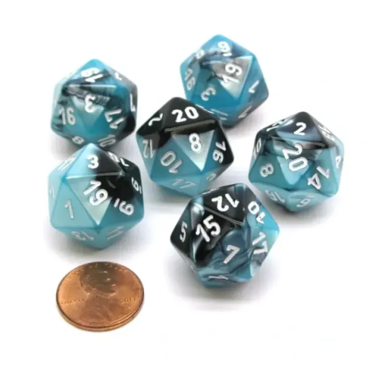 Dice>Gemini 20 Sided D20 Chessex Dice, 6 Pieces - Black-Shell with White Numbers - Your Source for Gaming Essentials