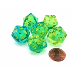 Dice>Gemini 20 Sided D20 Dice, 6 Pieces - Translucent Green-Teal with Yellow Numbers - Your Source for Gaming Essentials