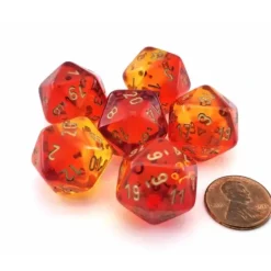 Dice>Gemini 20 Sided D20 Dice, 6 Pieces - Translucent Red-Yellow with Gold Numbers - Your Source for Gaming Essentials