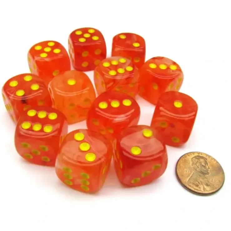 Dice>Ghostly Glow 16mm D6 Chessex Dice Block (12 Dice) - Orange with Yellow Numbers - Your Source for Gaming Essentials