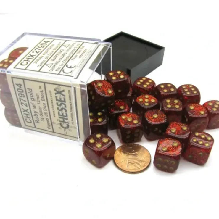 Dice>Glitter 12mm D6 Chessex Dice Block (36 Dice) -Ruby Red with Gold Pips - Your Source for Gaming Essentials