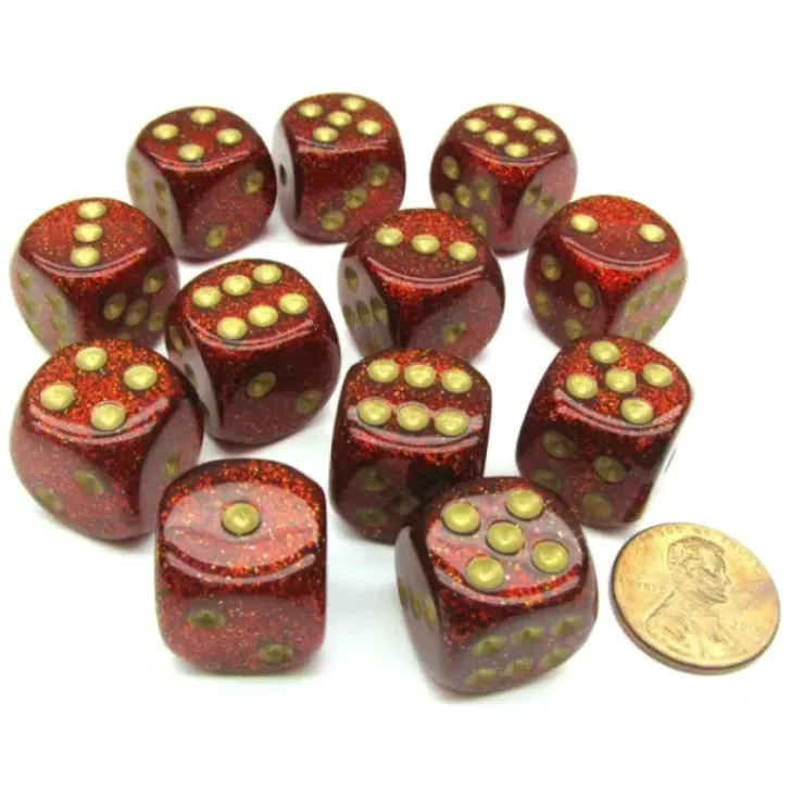 Dice>Glitter 16mm D6 Chessex Dice Block (12 Dice) - Ruby Red with Gold Numbers - Your Source for Gaming Essentials