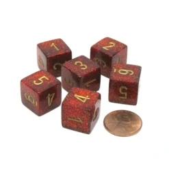 Dice>Glitter 15mm D6 Polyhedral Chessex Dice, 6 Pieces - Ruby with Gold Numbers - Your Source for Gaming Essentials