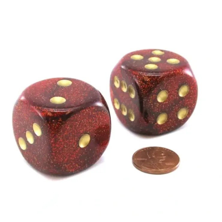 Dice>Glitter 30mm Large D6 Chessex Dice, 2 Pieces - Ruby with Gold Pips - Your Source for Gaming Essentials